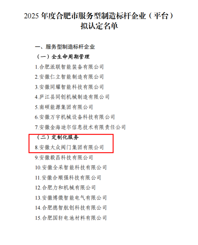 安徽大众阀门集团荣列2025年合肥市服务型制造标杆企业（平台）拟定名单(图1)